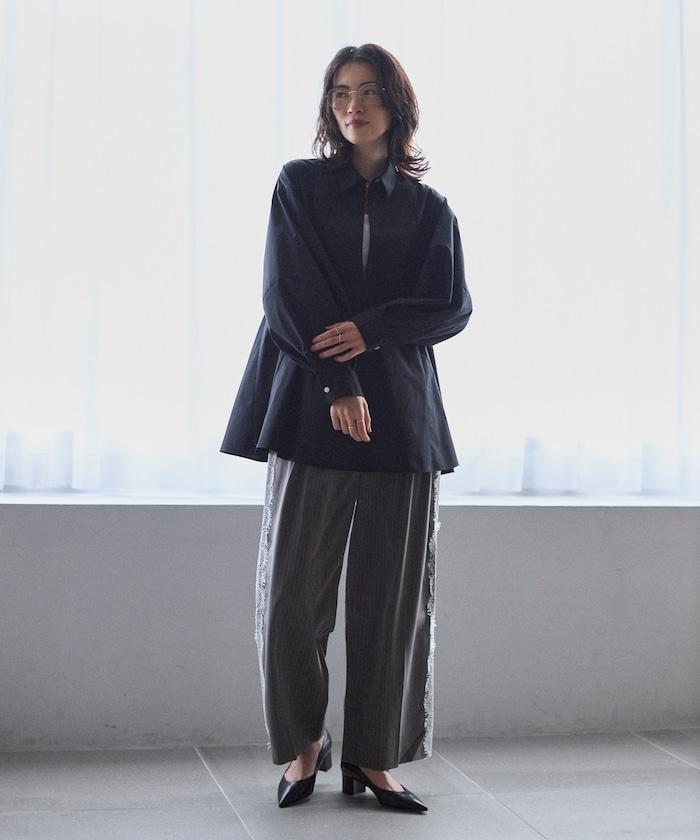 喇叭廓形 開襟領 氣球袖 襯衫