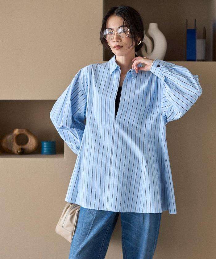 喇叭廓形 開襟領 氣球袖 襯衫