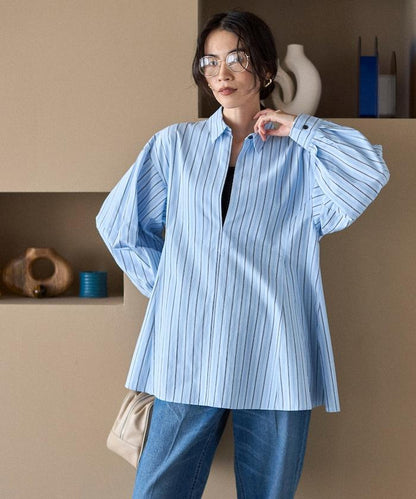 喇叭廓形 開襟領 氣球袖 襯衫