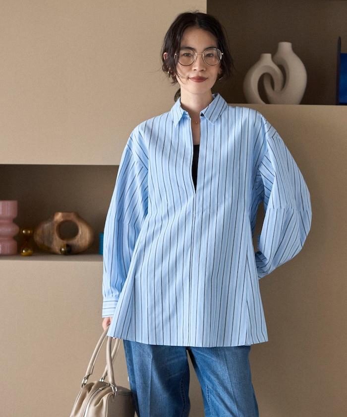 喇叭廓形 開襟領 氣球袖 襯衫