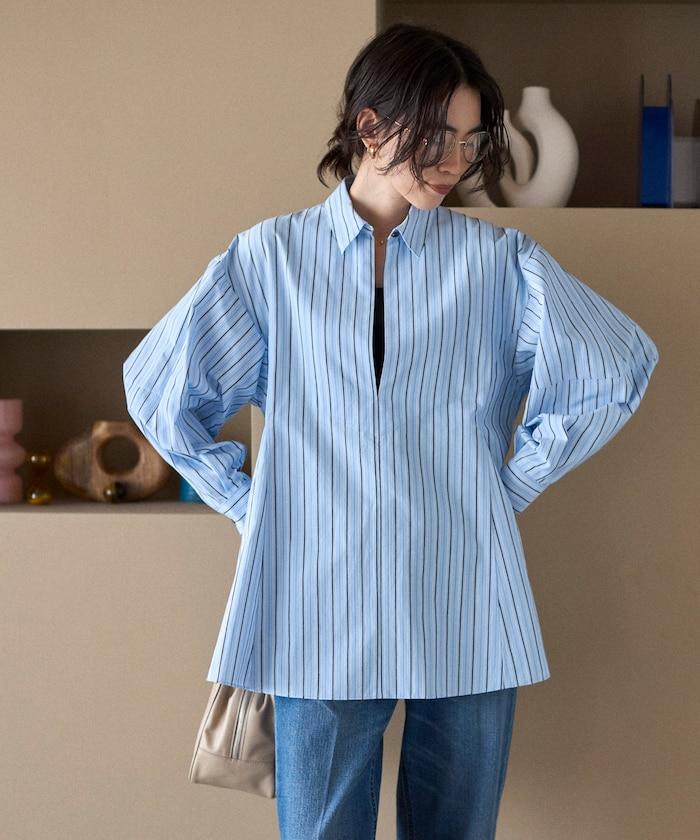 喇叭廓形 開襟領 氣球袖 襯衫