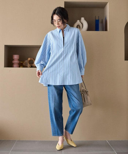 喇叭廓形 開襟領 氣球袖 襯衫