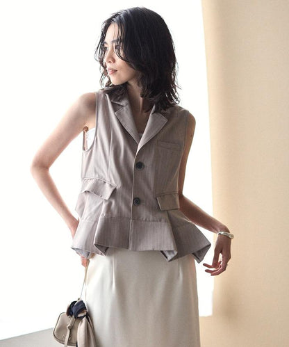 細條紋 拼接荷葉擺 短款馬甲（1月14日12:00）