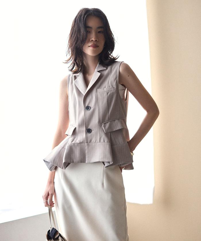 細條紋 拼接荷葉擺 短款馬甲（1月14日12:00）