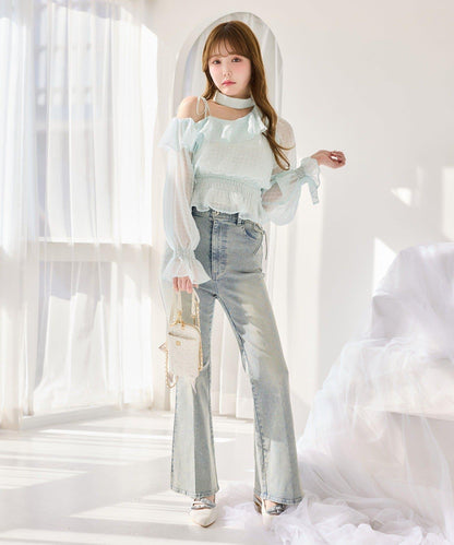 側邊鏤空蕾絲 喇叭版型 牛仔褲