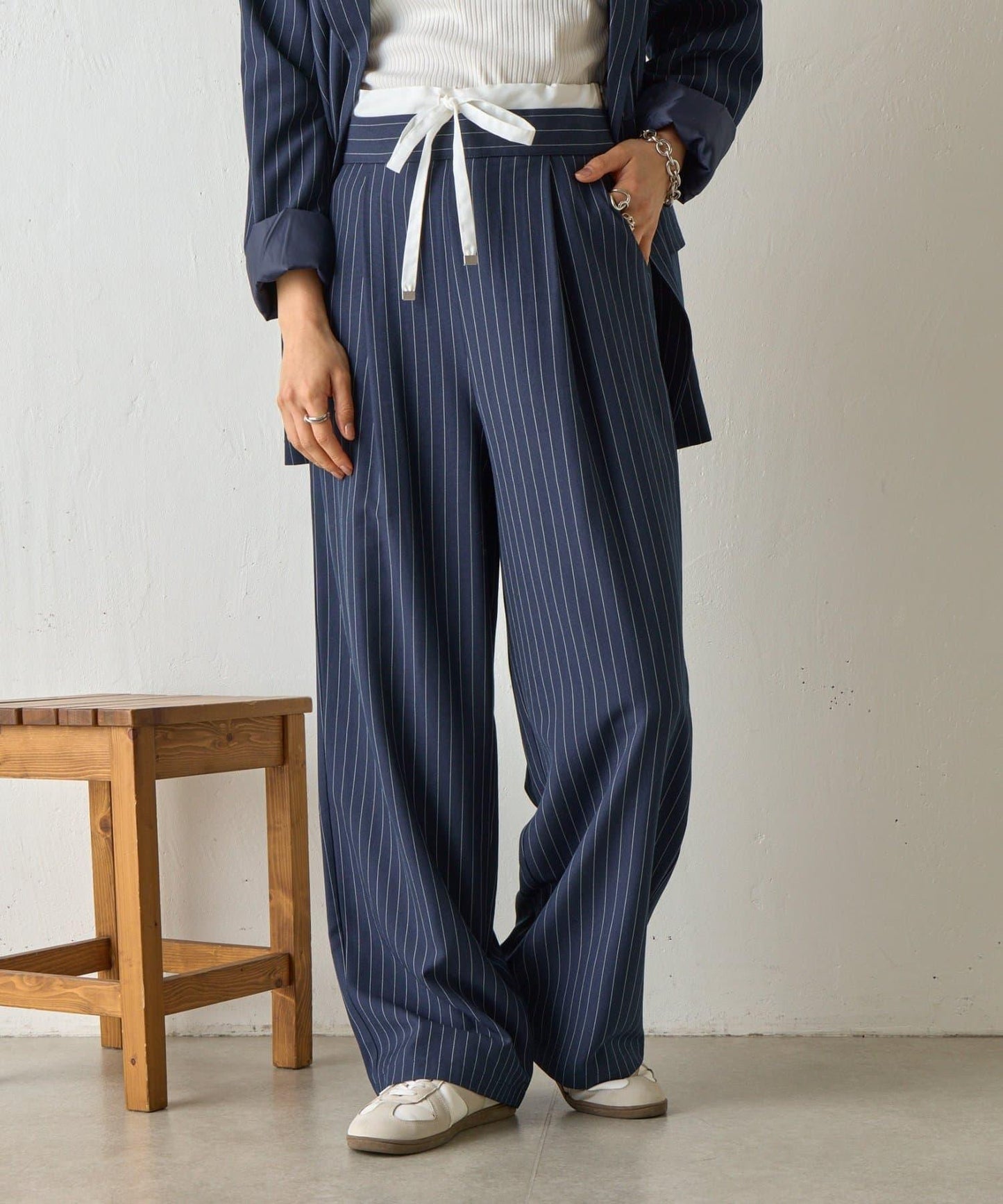 雙腰條紋休閒褲