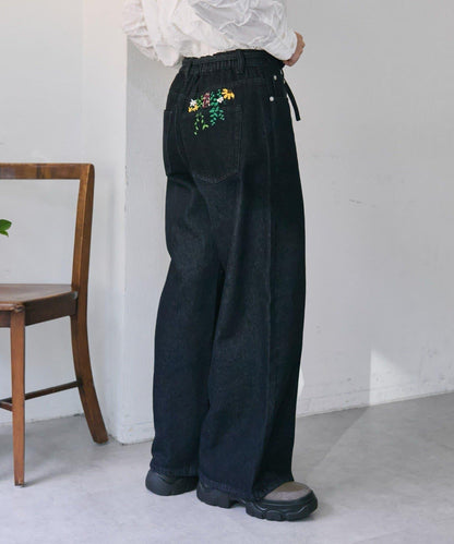 《バックウエストゴム/切替入り》口袋花刺繡 デニム 牛仔褲【SUM1 STYLE(スミスタイル)】