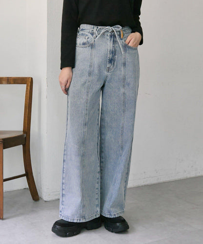 《バックウエストゴム/切替入り》口袋花刺繡 デニム 牛仔褲【SUM1 STYLE(スミスタイル)】