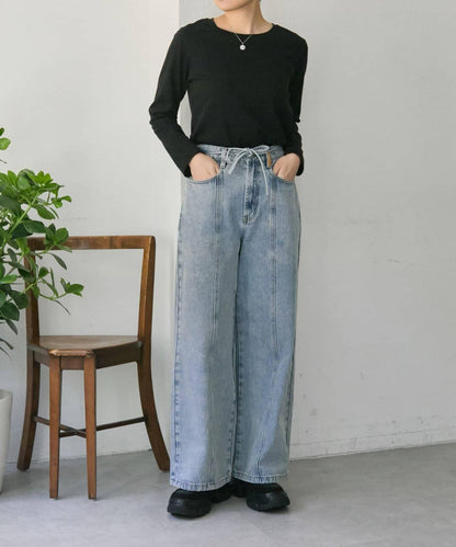 《バックウエストゴム/切替入り》口袋花刺繡 デニム 牛仔褲【SUM1 STYLE(スミスタイル)】