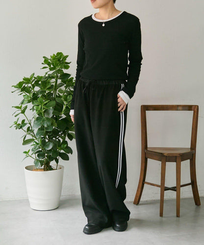 彈力全鬆緊腰直筒 雙線設計 休閒褲【SUM1 STYLE】