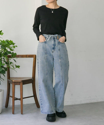 《バックウエストゴム/切替入り》口袋花刺繡 デニム 牛仔褲【SUM1 STYLE(スミスタイル)】