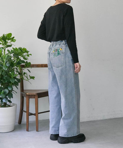 《バックウエストゴム/切替入り》口袋花刺繡 デニム 牛仔褲【SUM1 STYLE(スミスタイル)】