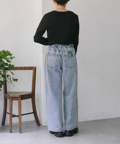《バックウエストゴム/切替入り》口袋花刺繡 デニム 牛仔褲【SUM1 STYLE(スミスタイル)】