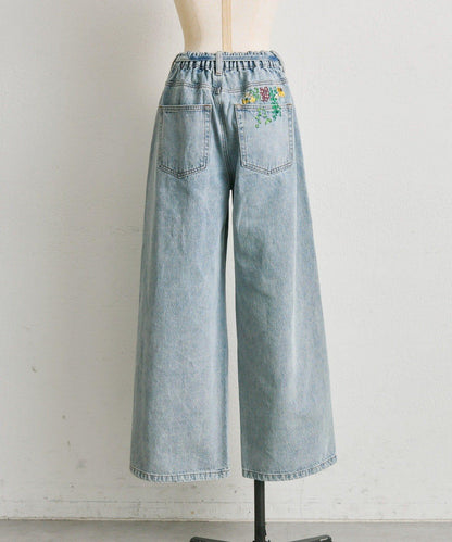 《バックウエストゴム/切替入り》口袋花刺繡 デニム 牛仔褲【SUM1 STYLE(スミスタイル)】