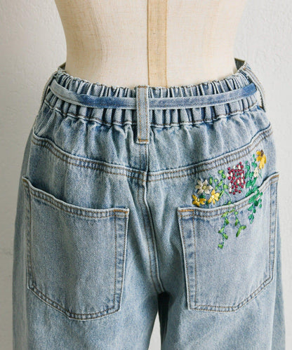 《バックウエストゴム/切替入り》口袋花刺繡 デニム 牛仔褲【SUM1 STYLE(スミスタイル)】