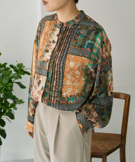 春季適用亮麗風格 花卉印花 壓褶 襯衫