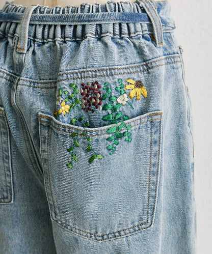 《バックウエストゴム/切替入り》口袋花刺繡 デニム 牛仔褲【SUM1 STYLE(スミスタイル)】