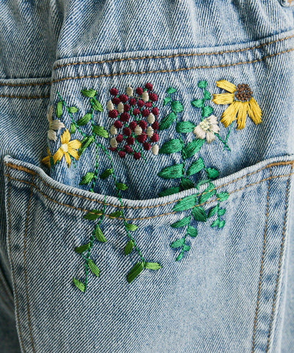 《バックウエストゴム/切替入り》口袋花刺繡 デニム 牛仔褲【SUM1 STYLE(スミスタイル)】
