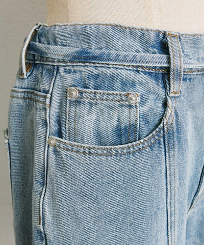 《バックウエストゴム/切替入り》口袋花刺繡 デニム 牛仔褲【SUM1 STYLE(スミスタイル)】