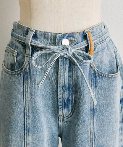 《バックウエストゴム/切替入り》口袋花刺繡 デニム 牛仔褲【SUM1 STYLE(スミスタイル)】