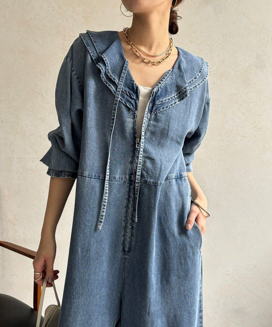 荷葉邊牛仔連體褲