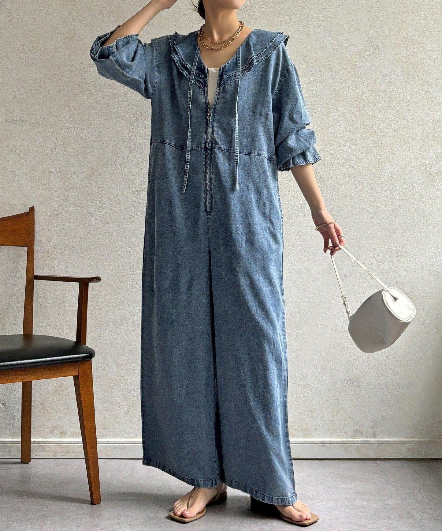 荷葉邊牛仔連體褲