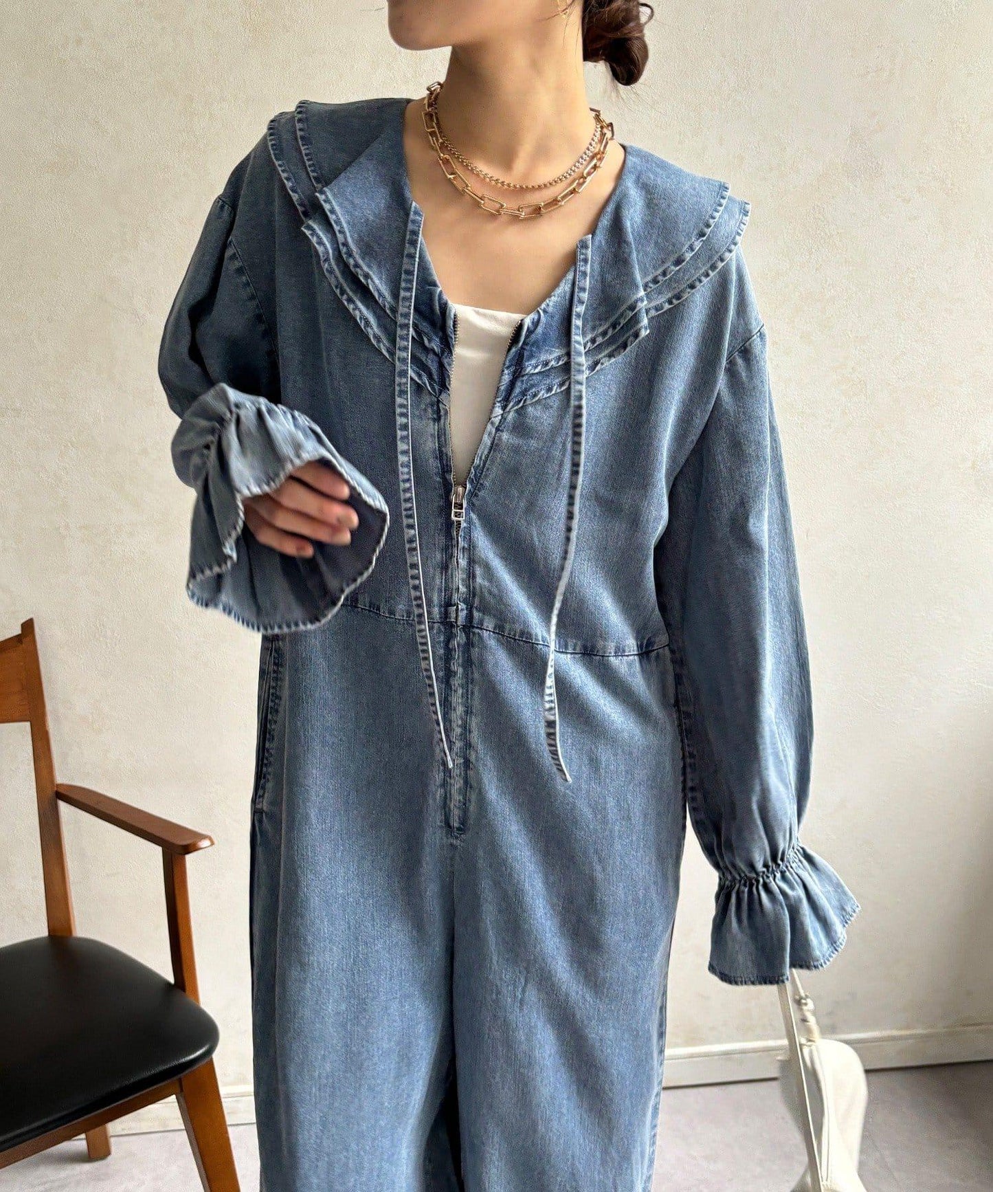 荷葉邊牛仔連體褲