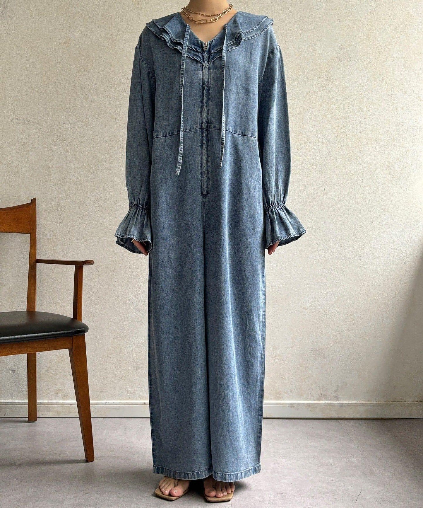 荷葉邊牛仔連體褲