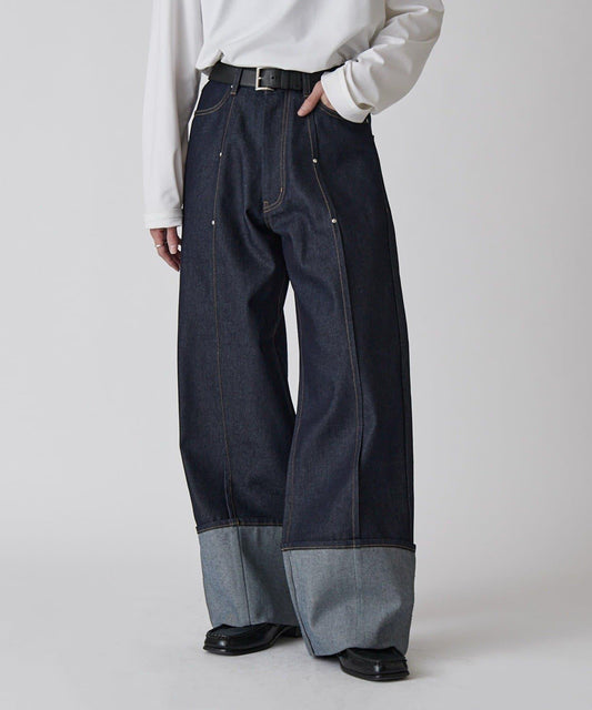 卷邊褶飾 寬直筒 牛仔 牛仔褲（可成套搭配）