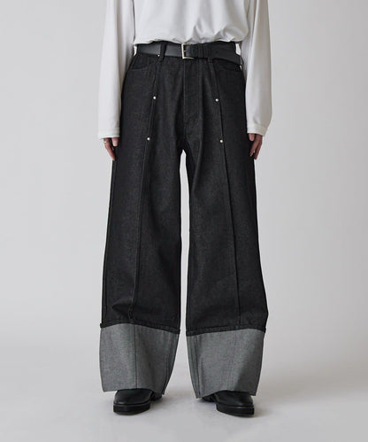 卷邊褶飾 寬直筒 牛仔 牛仔褲（可成套搭配）