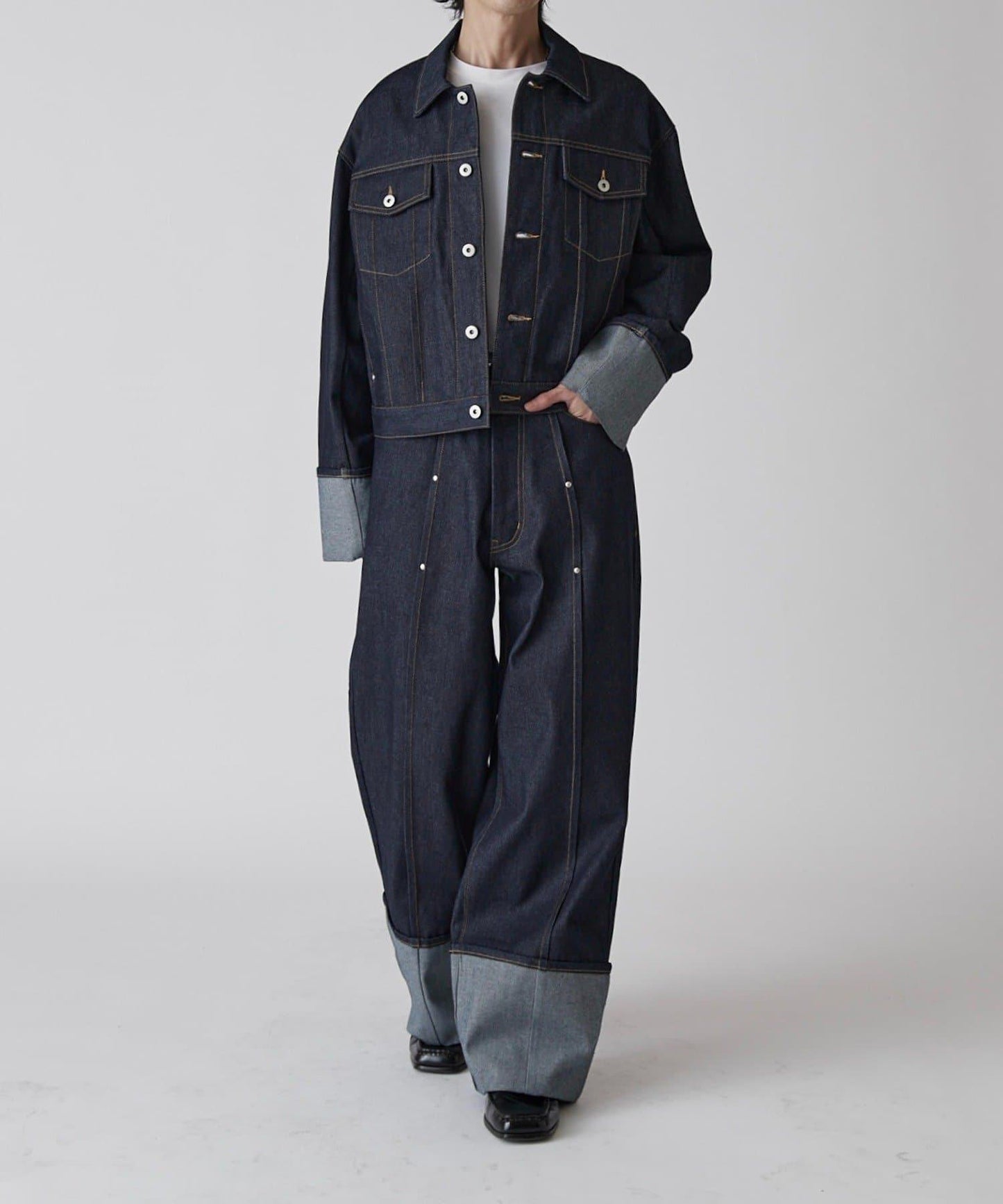 卷邊褶飾 寬直筒 牛仔 牛仔褲（可成套搭配）