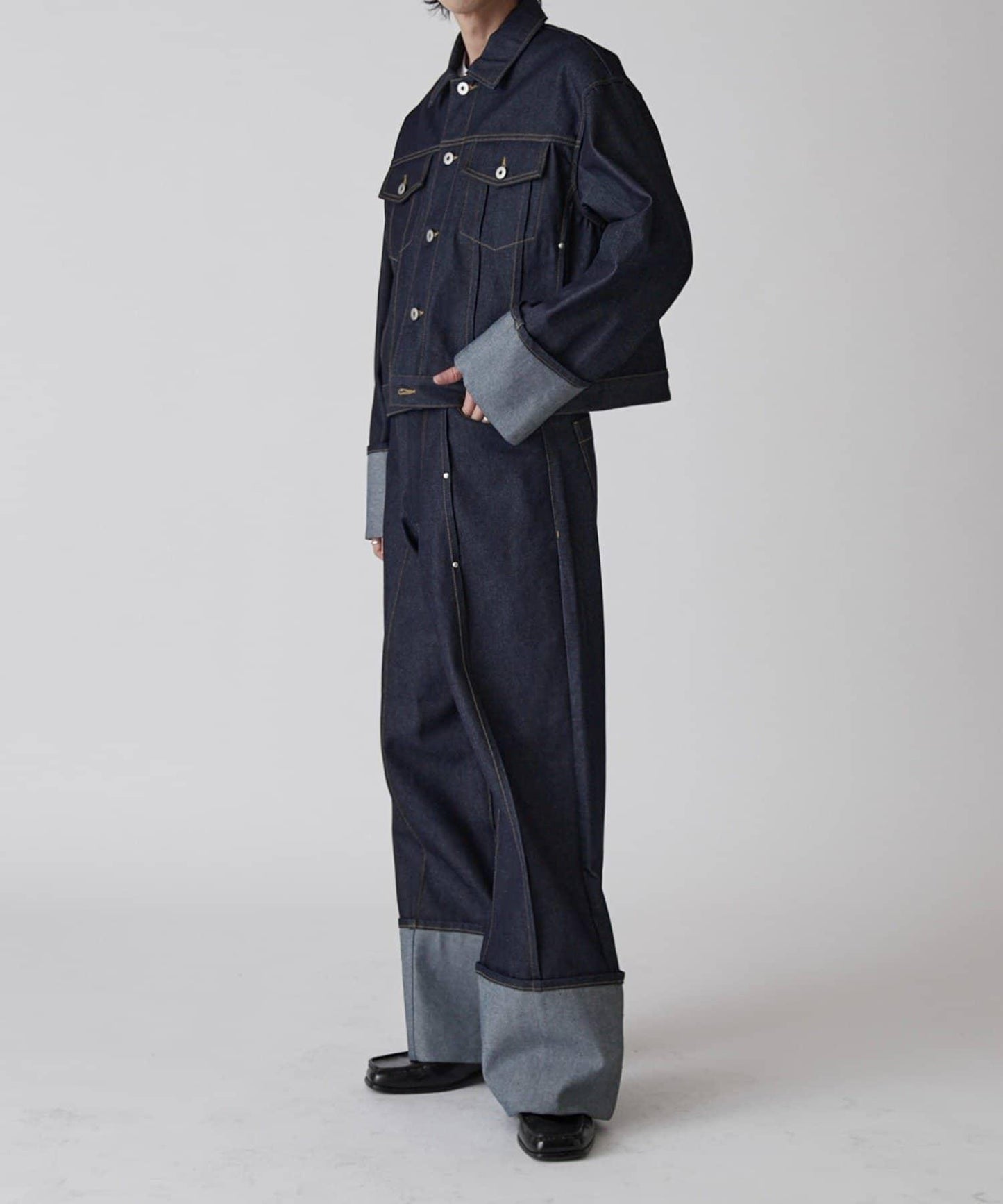 卷邊褶飾 寬直筒 牛仔 牛仔褲（可成套搭配）