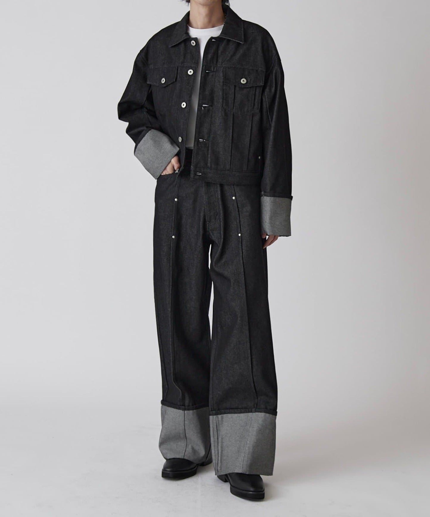 卷邊褶飾 寬直筒 牛仔 牛仔褲（可成套搭配）