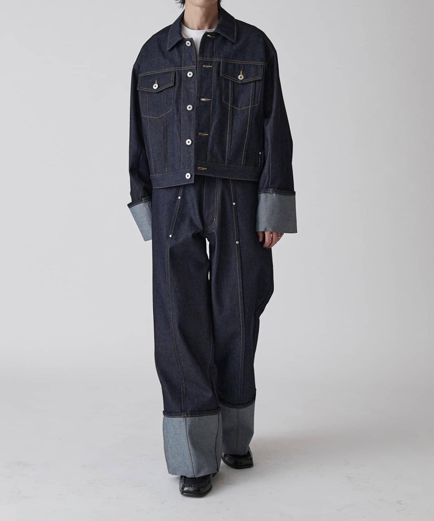 卷邊褶飾 寬直筒 牛仔 牛仔褲（可成套搭配）