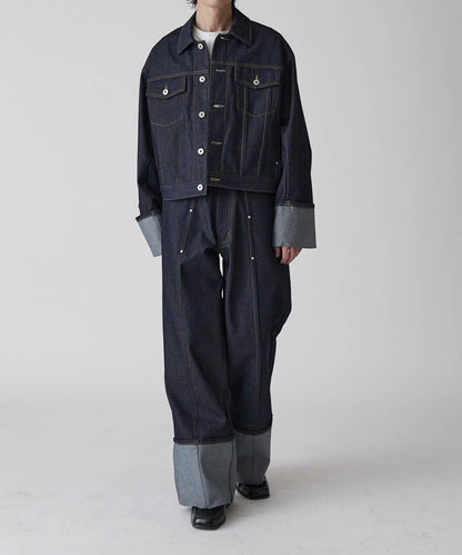 卷邊褶飾 寬直筒 牛仔 牛仔褲（可成套搭配）