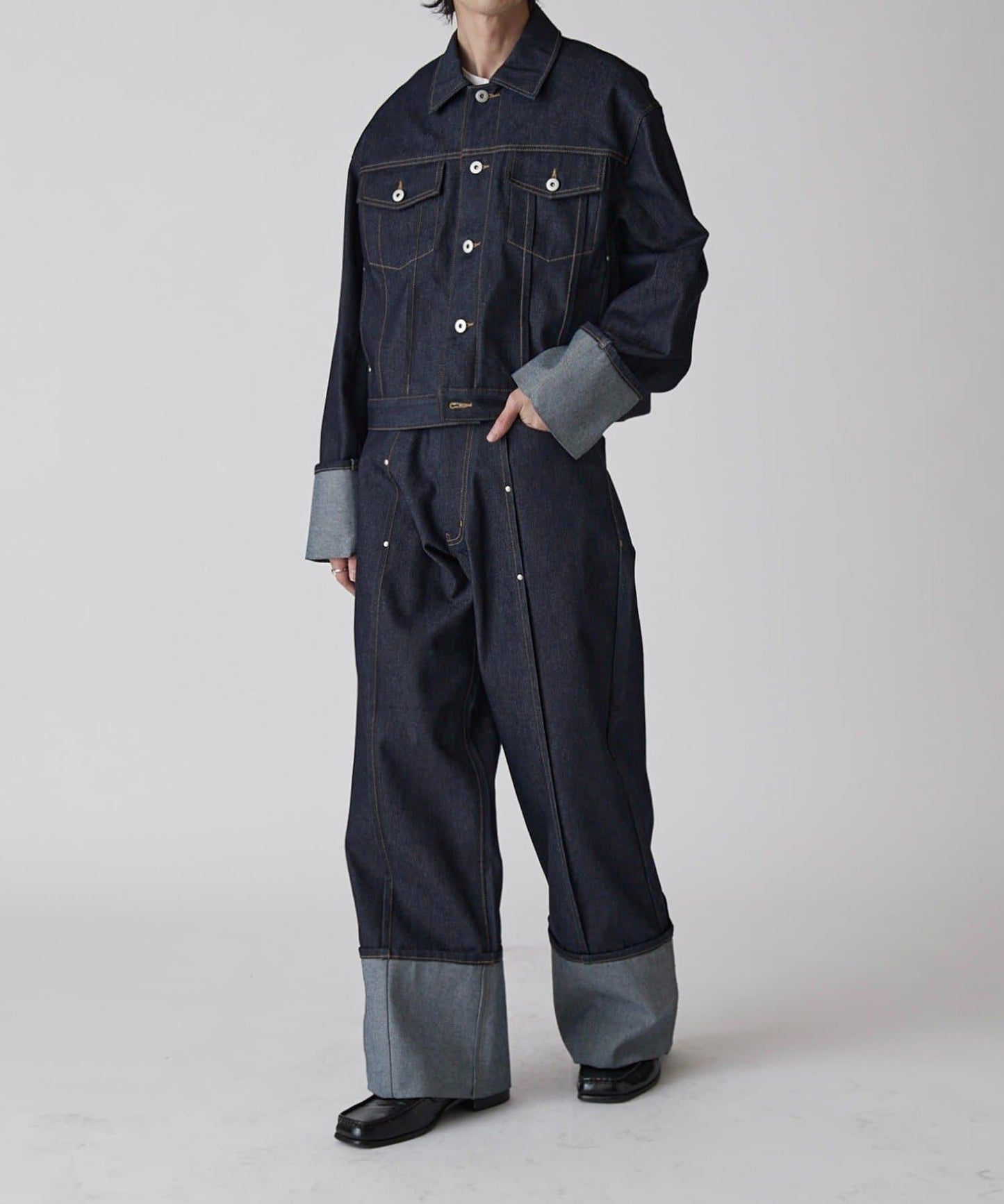 卷邊褶飾 寬直筒 牛仔 牛仔褲（可成套搭配）