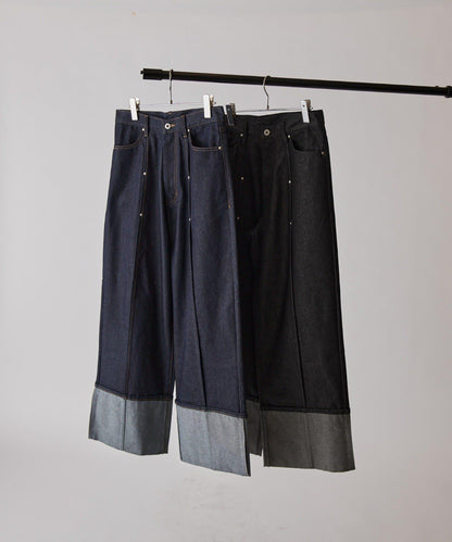 卷邊褶飾 寬直筒 牛仔 牛仔褲（可成套搭配）