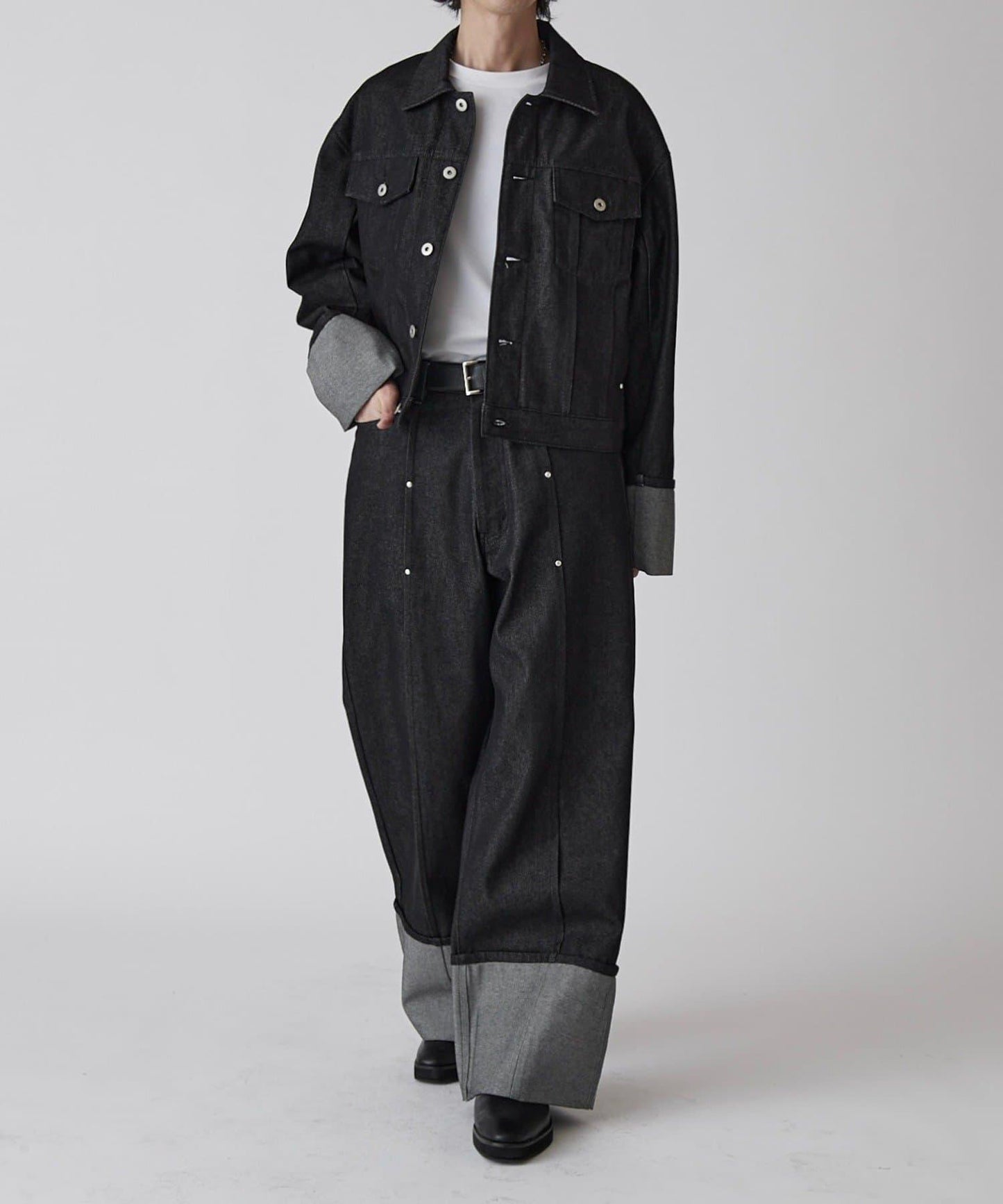 卷邊褶飾 寬直筒 牛仔 牛仔褲（可成套搭配）