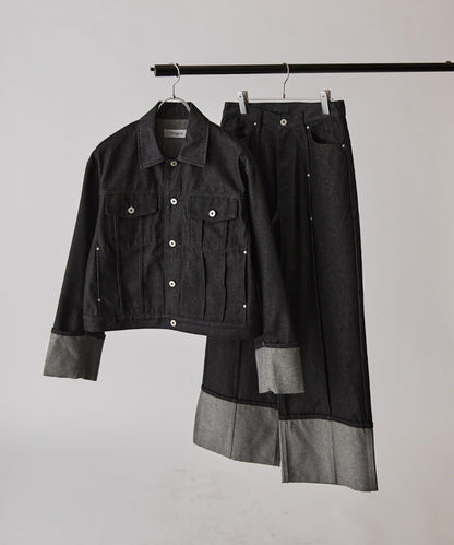 卷邊褶飾 寬直筒 牛仔 牛仔褲（可成套搭配）