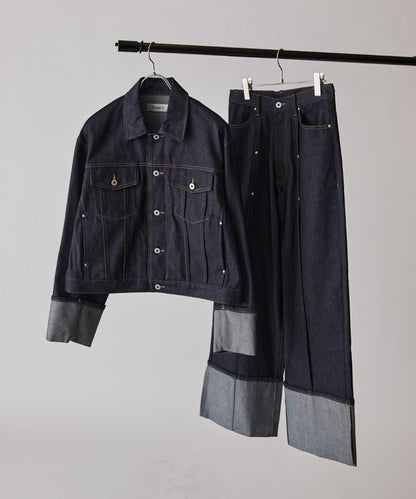 卷邊褶飾 寬直筒 牛仔 牛仔褲（可成套搭配）