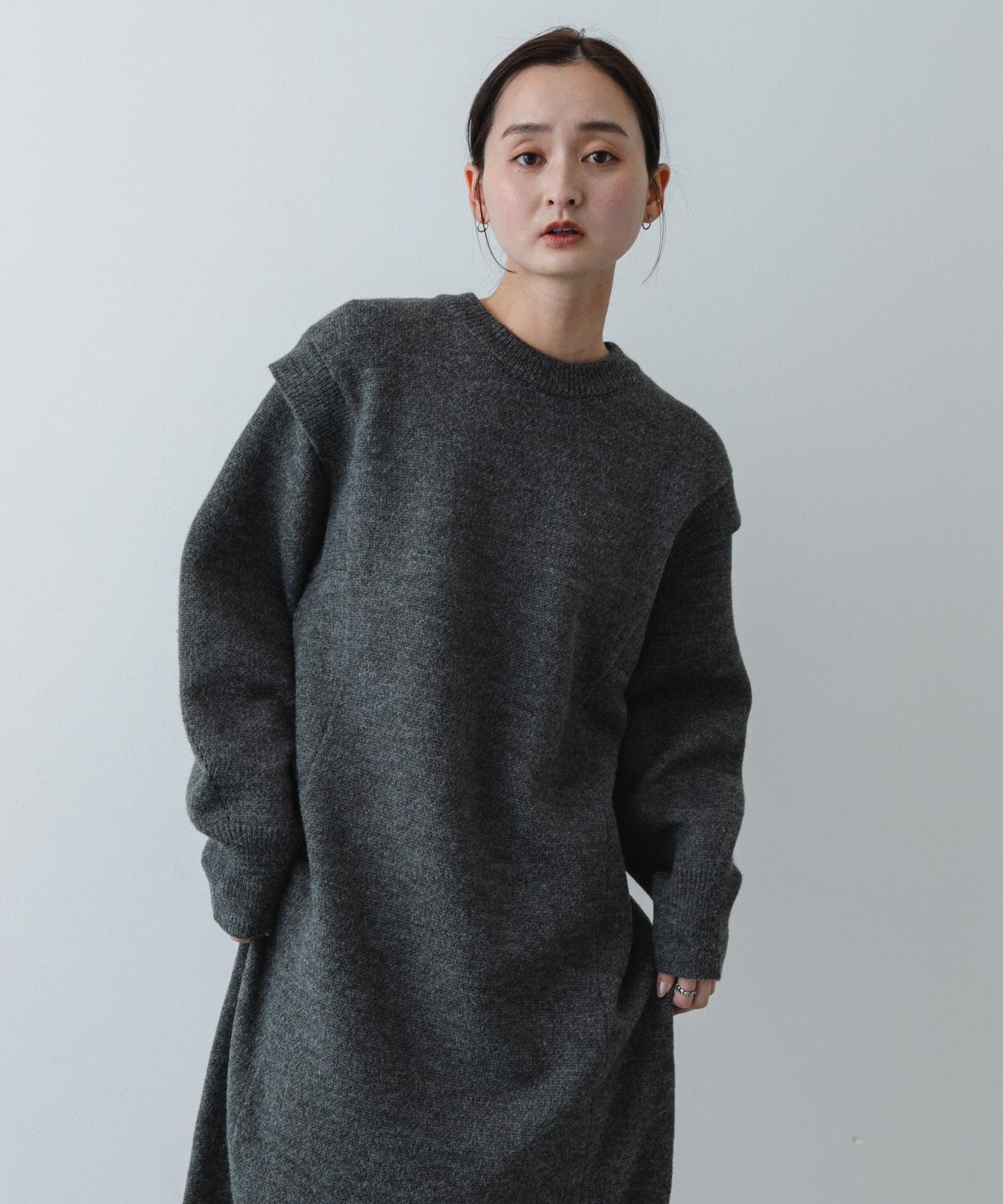 肩褶設計 針織 連衣裙