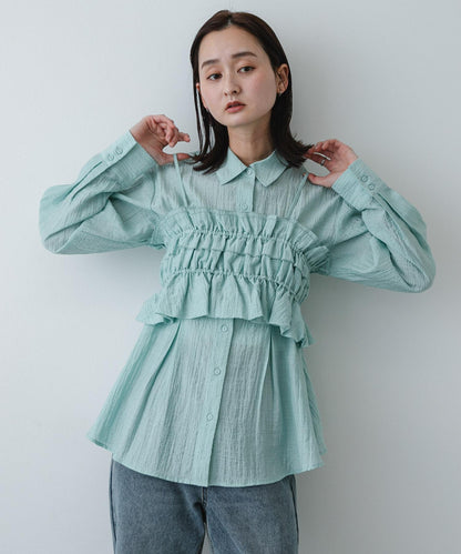 抽褶束胸套裝襯衫
