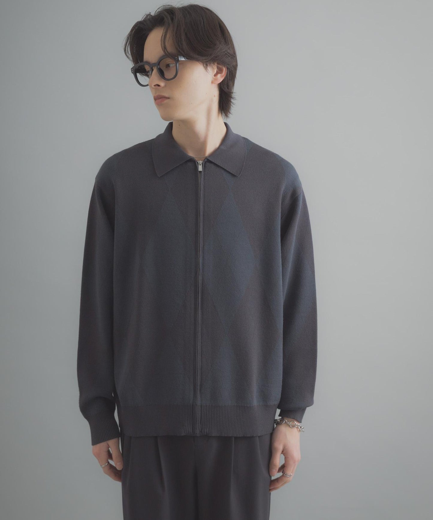 可機洗 菱形格 拉鍊 針織開衫