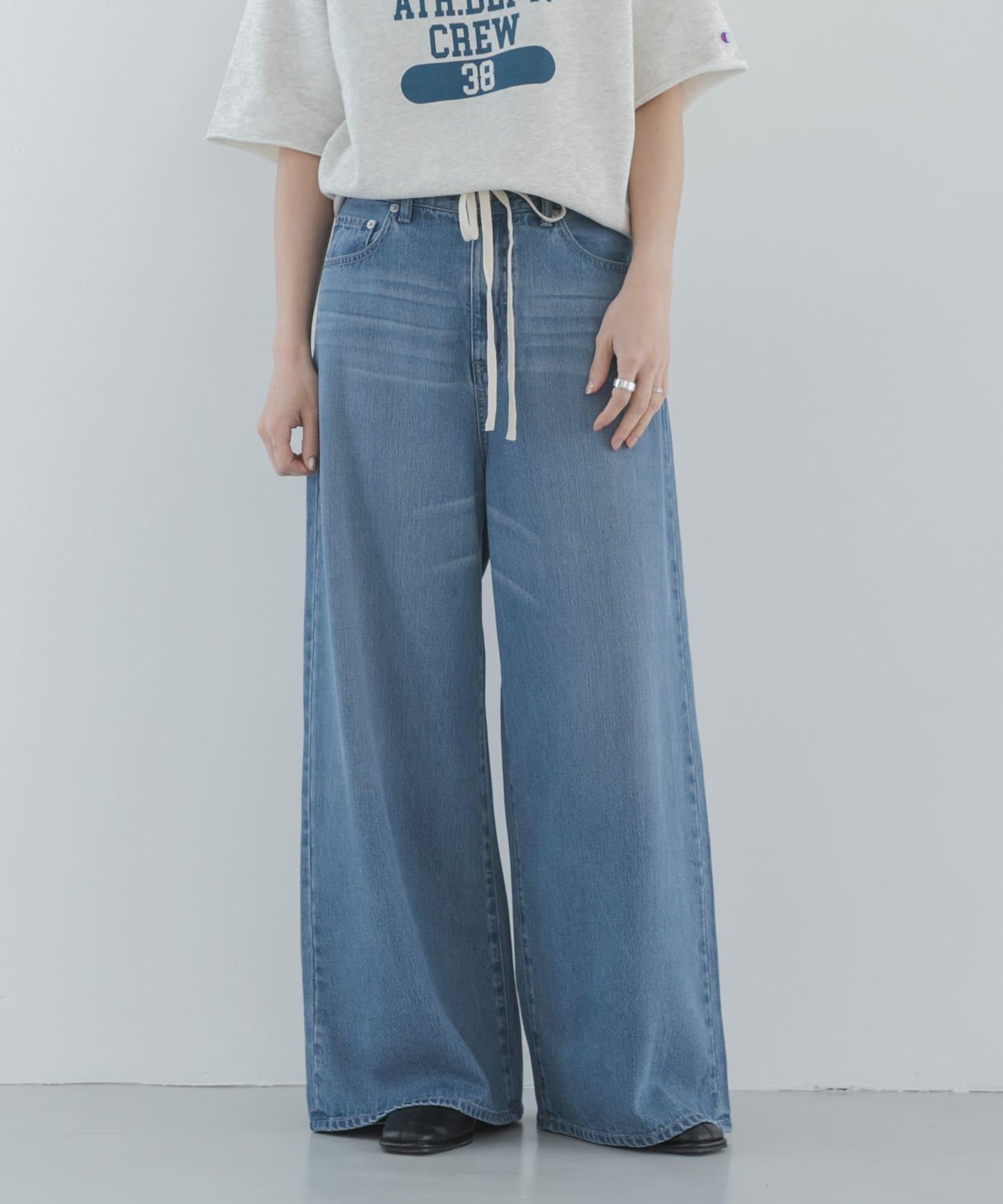 天絲棉抽繩闊腿牛仔褲