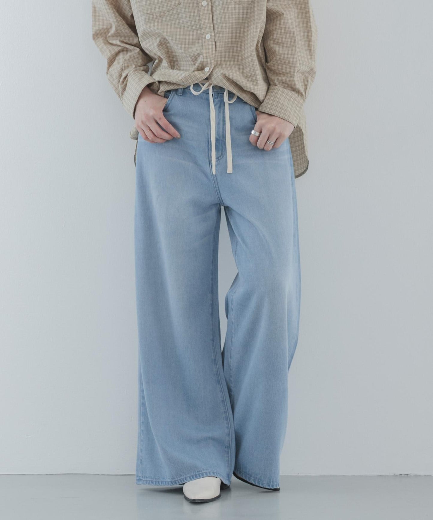 天絲棉抽繩闊腿牛仔褲