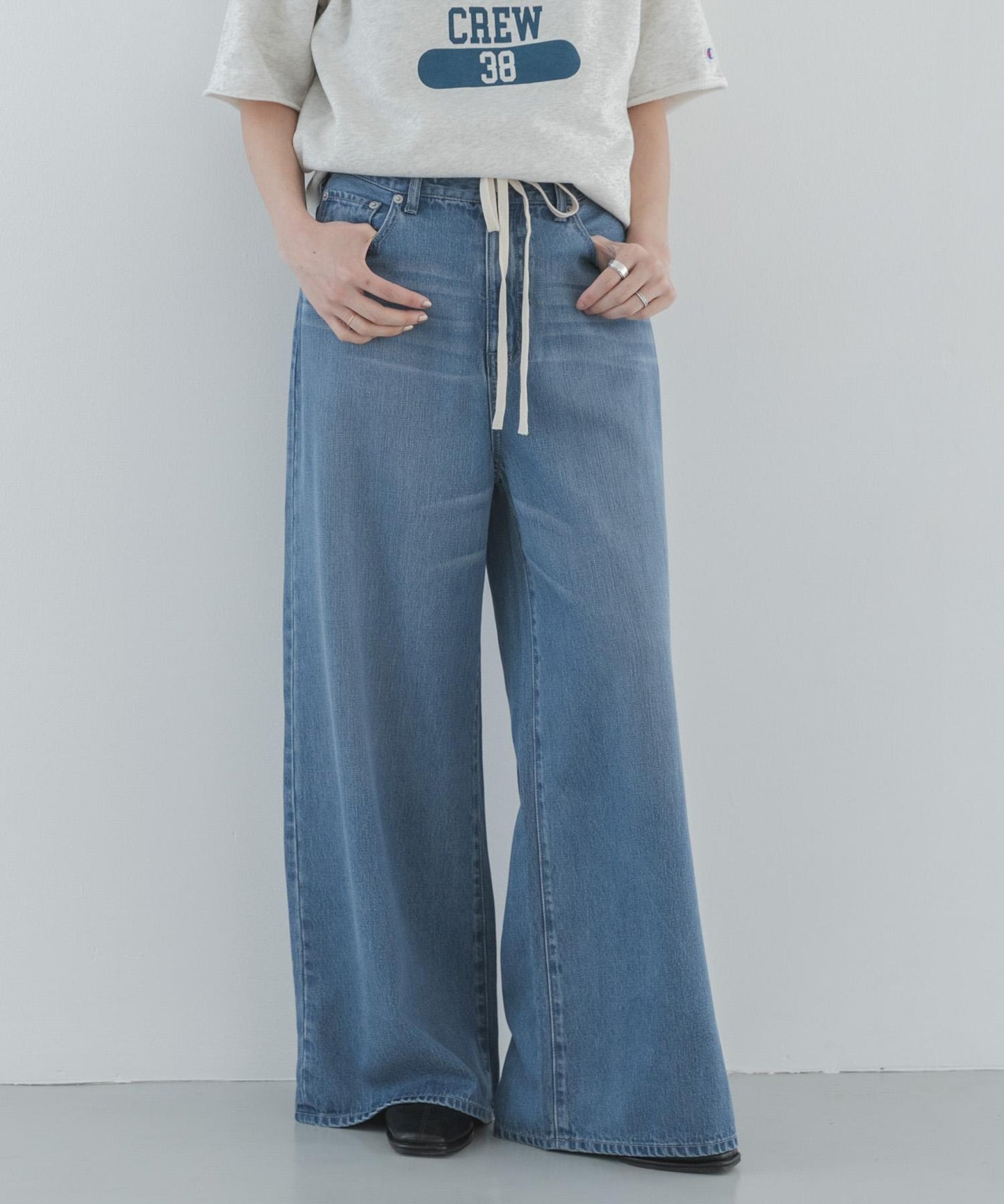 天絲棉抽繩闊腿牛仔褲