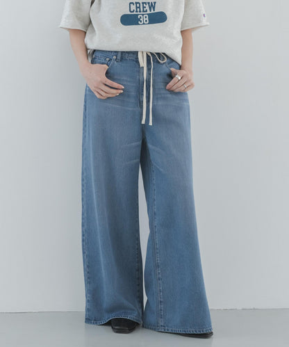 天絲棉抽繩闊腿牛仔褲