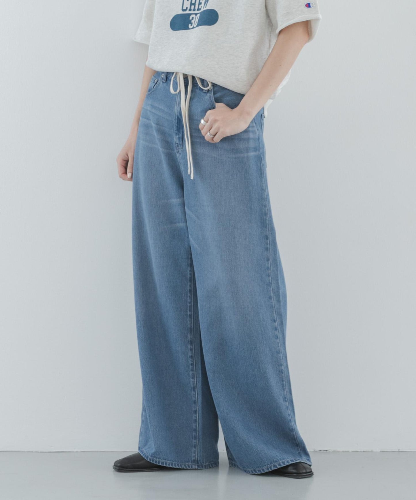 天絲棉抽繩闊腿牛仔褲