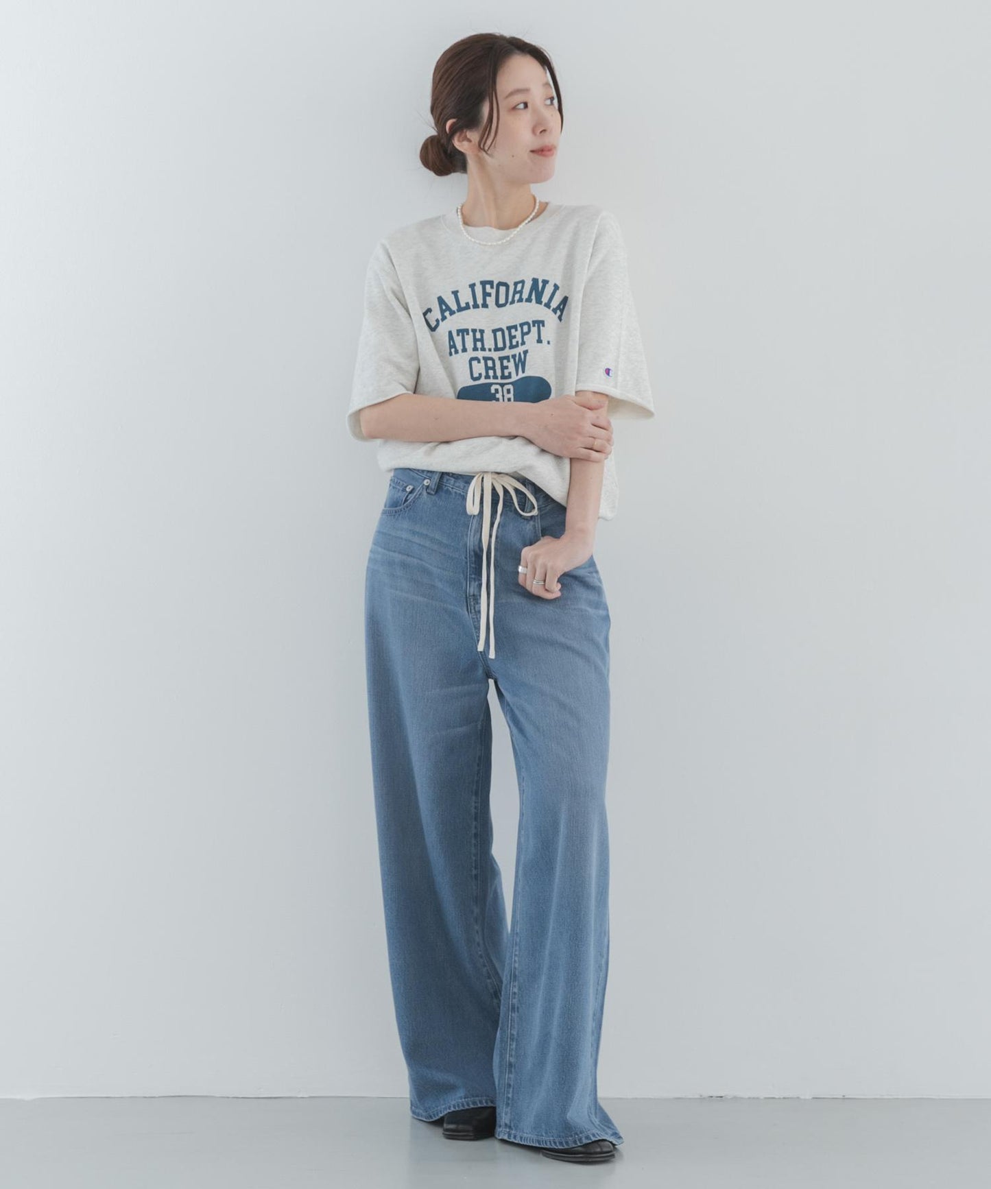 天絲棉抽繩闊腿牛仔褲