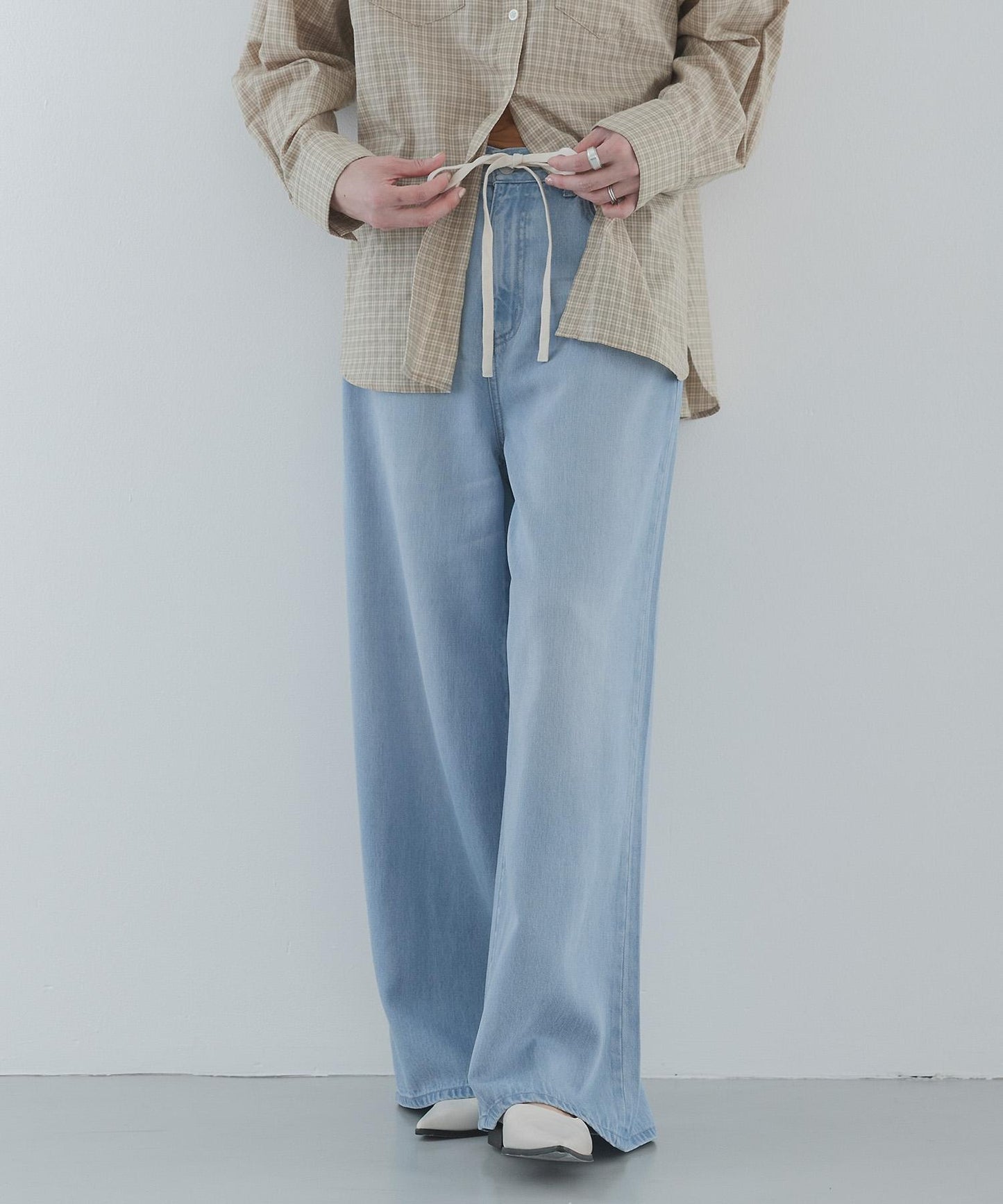 天絲棉抽繩闊腿牛仔褲
